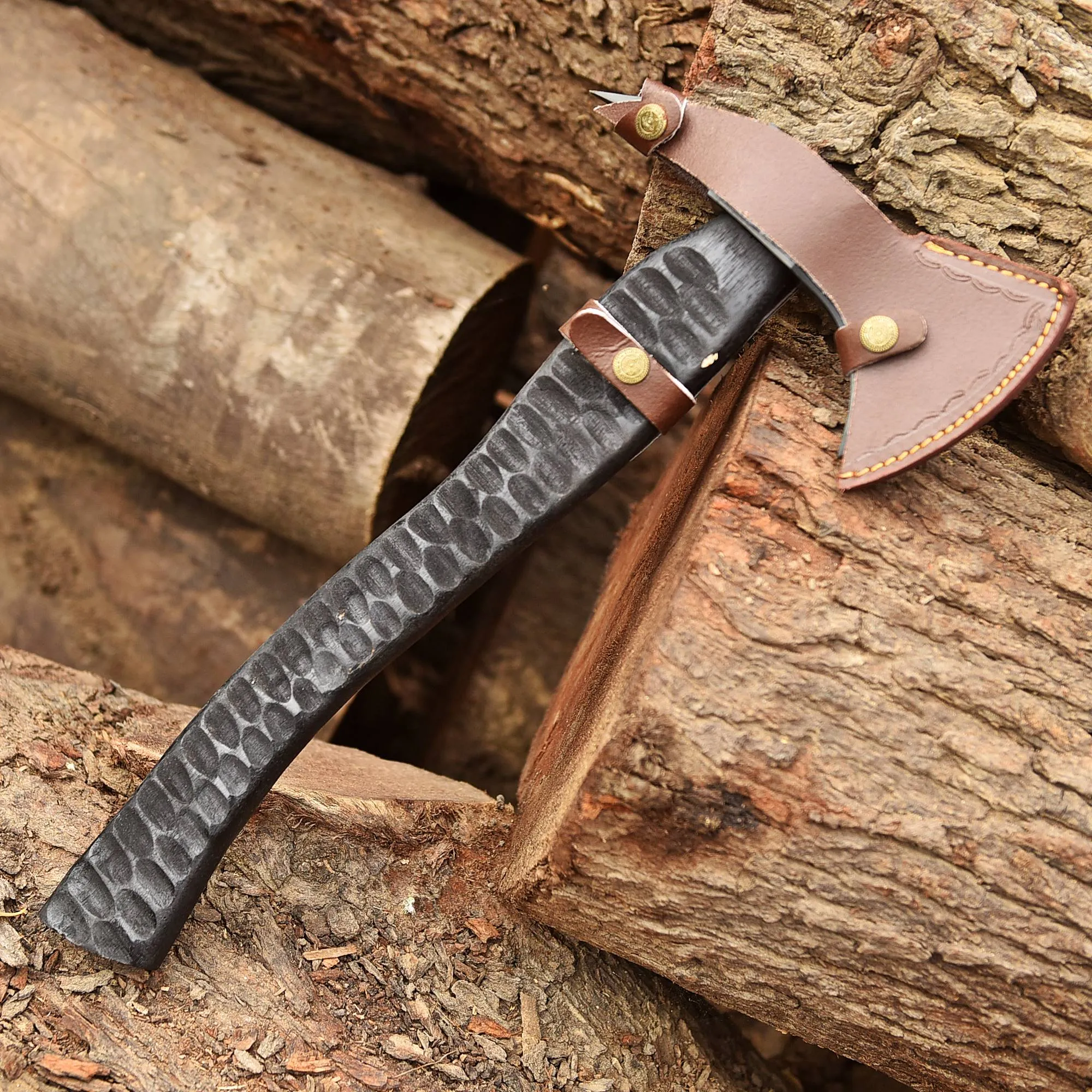 Forged Carbon Steel Spike Head Axe with Engraved Black Wood Shaft - Viking Axe