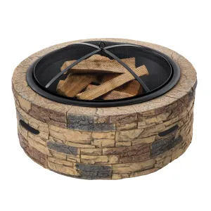 Sun Joe SJFP35-STN 35-In. Cast Stone Base, Wood Burning Fire Pit w/Dome Screen and Poker, Natural Stone