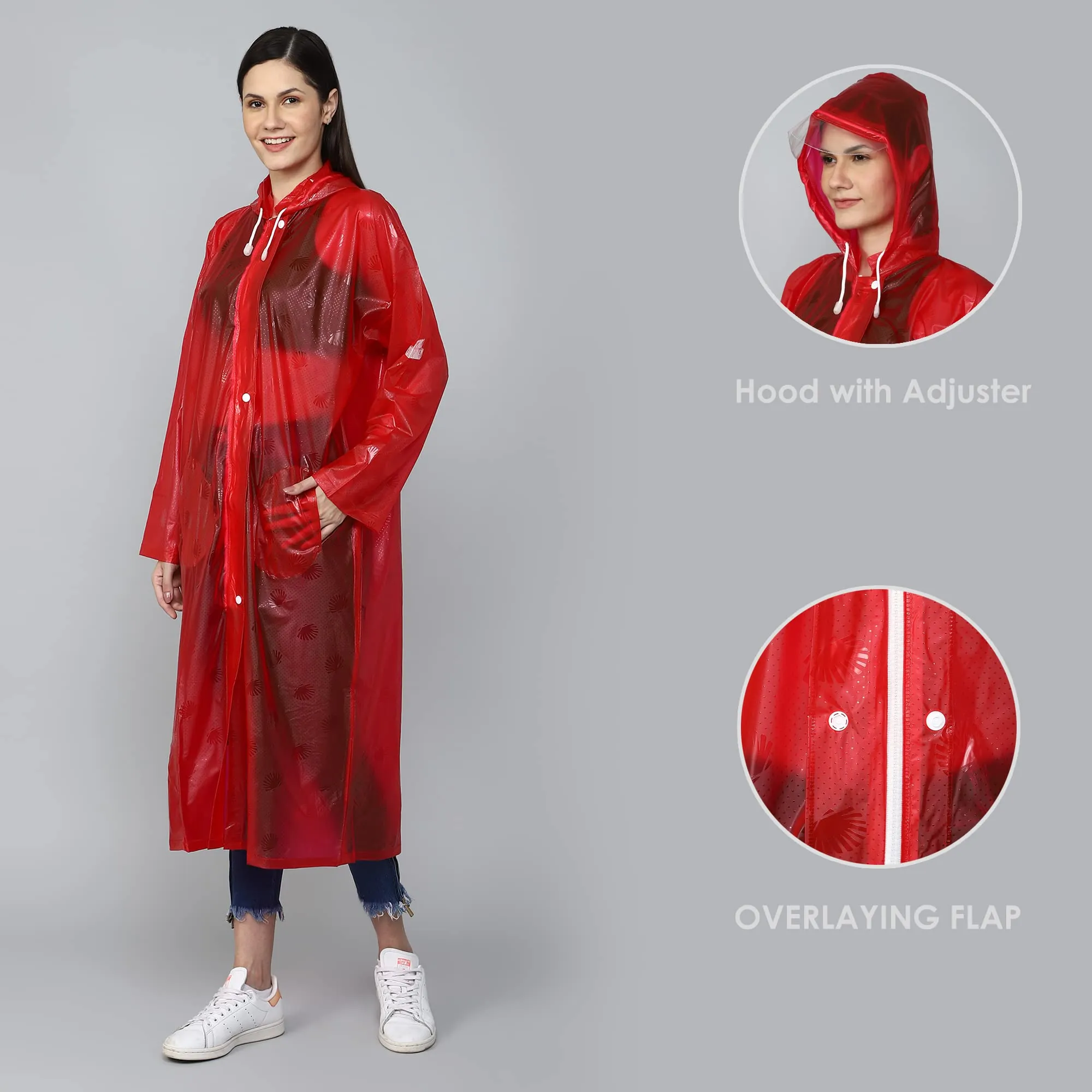 THE CLOWNFISH Cindrella Series Womens Waterproof PVC Self Design Longcoat/Raincoat with Adjustable Hood (Red, X-Large)