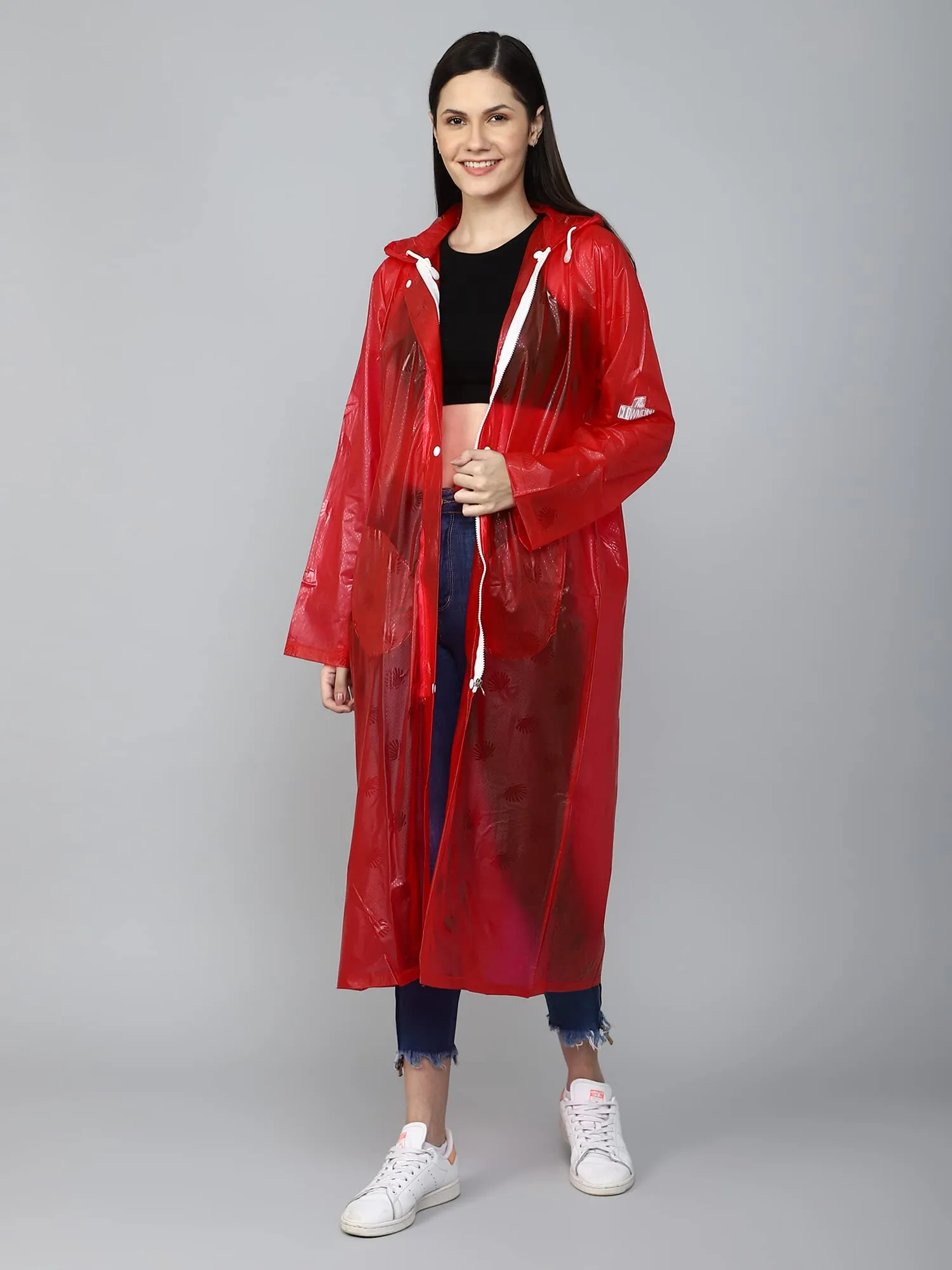 THE CLOWNFISH Cindrella Series Womens Waterproof PVC Self Design Longcoat/Raincoat with Adjustable Hood (Red, X-Large)