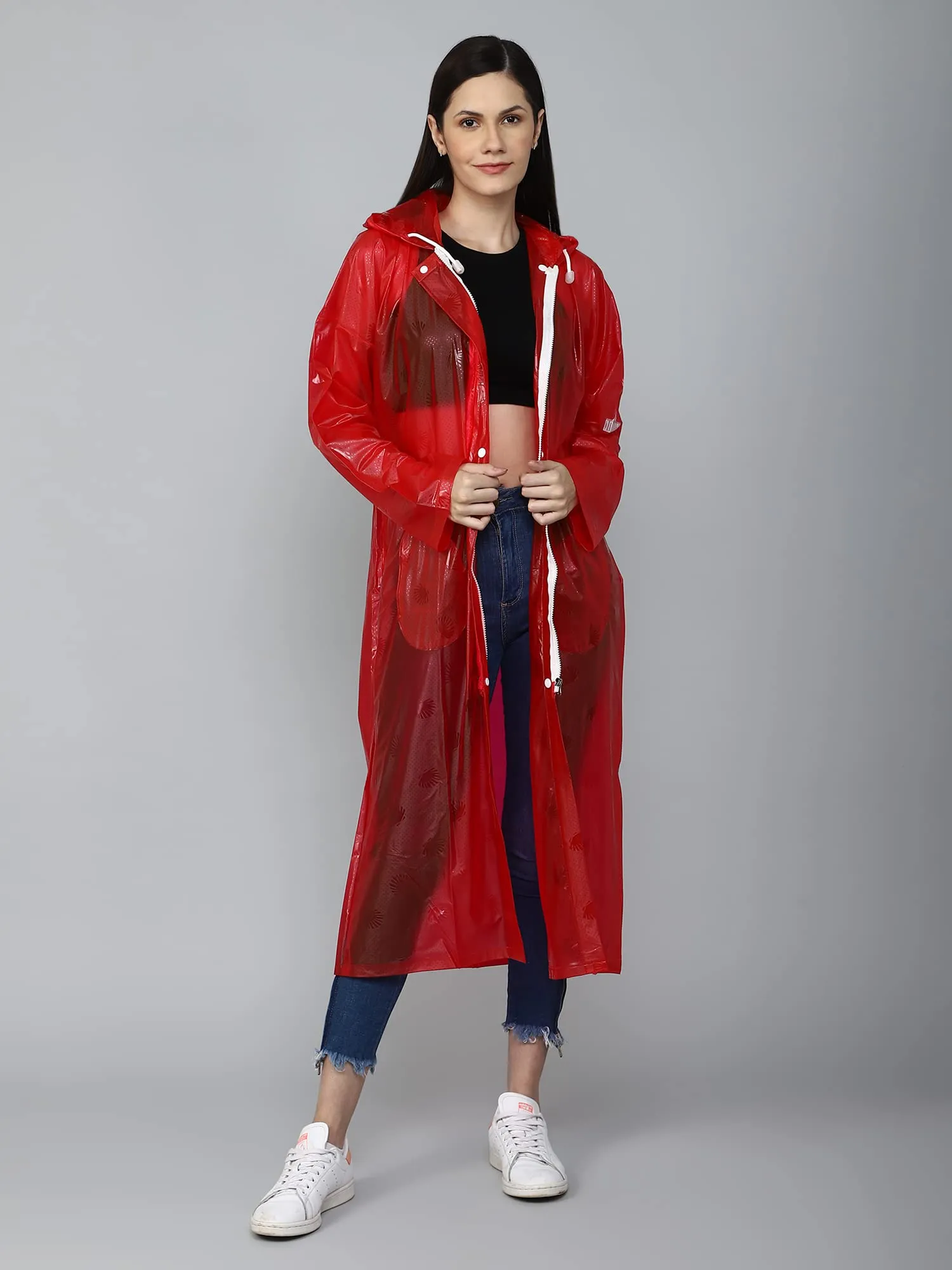 THE CLOWNFISH Cindrella Series Womens Waterproof PVC Self Design Longcoat/Raincoat with Adjustable Hood (Red, X-Large)