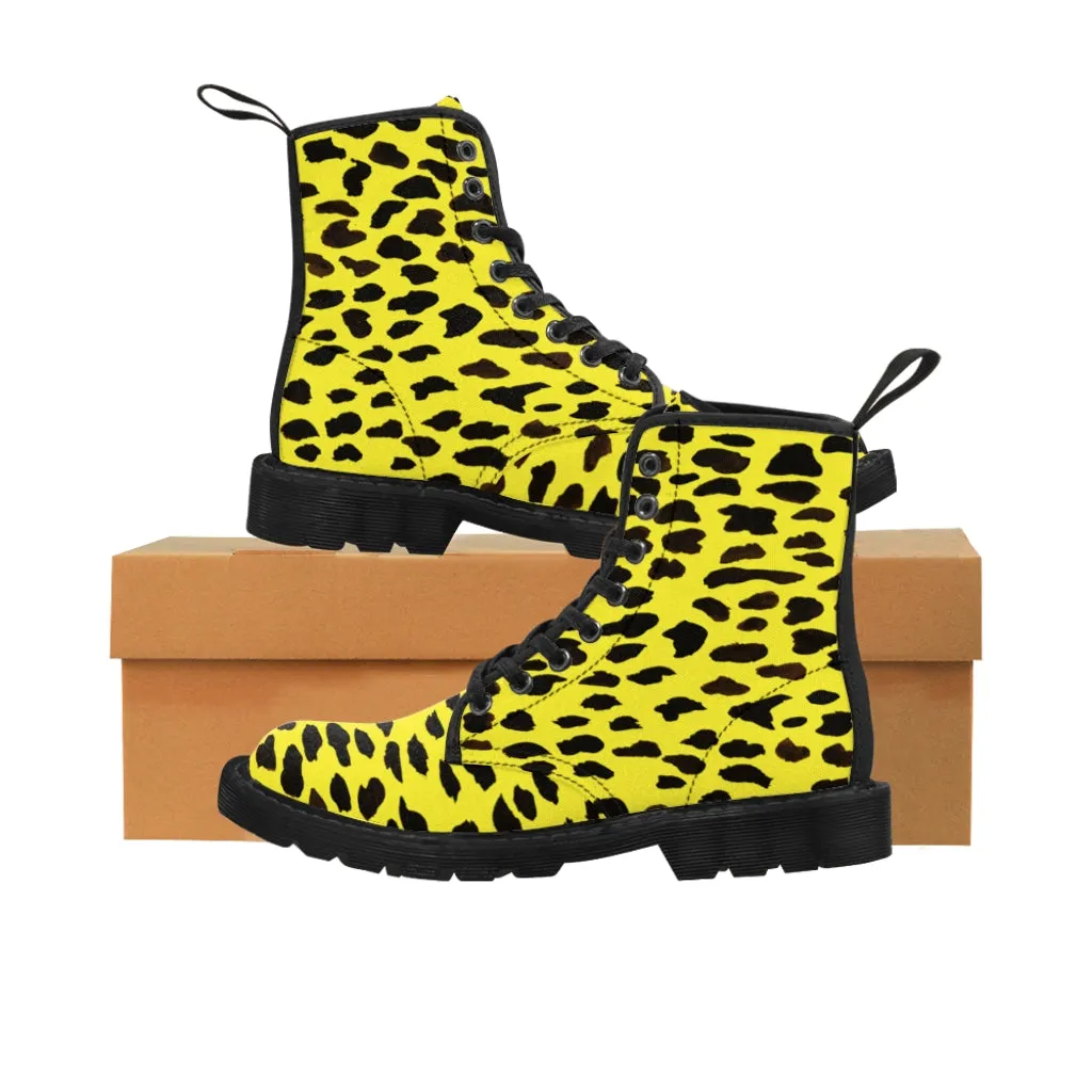 Yellow Leopard Print Men's Boots, Cheetah or Leopard Animal Print Best Hiking Winter Boots Laced Up Premium Shoes For Men